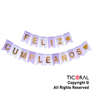 BANDERIN FELIZ CUMPLEAOS DISEOS TONOS DOBLE LILA Y VIOLETA x 1